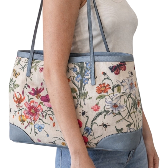 Gucci Floral Canvas Tote Blue Leather Trim Botanical Print Shoulder Bag W/COA - Picture 15 of 15